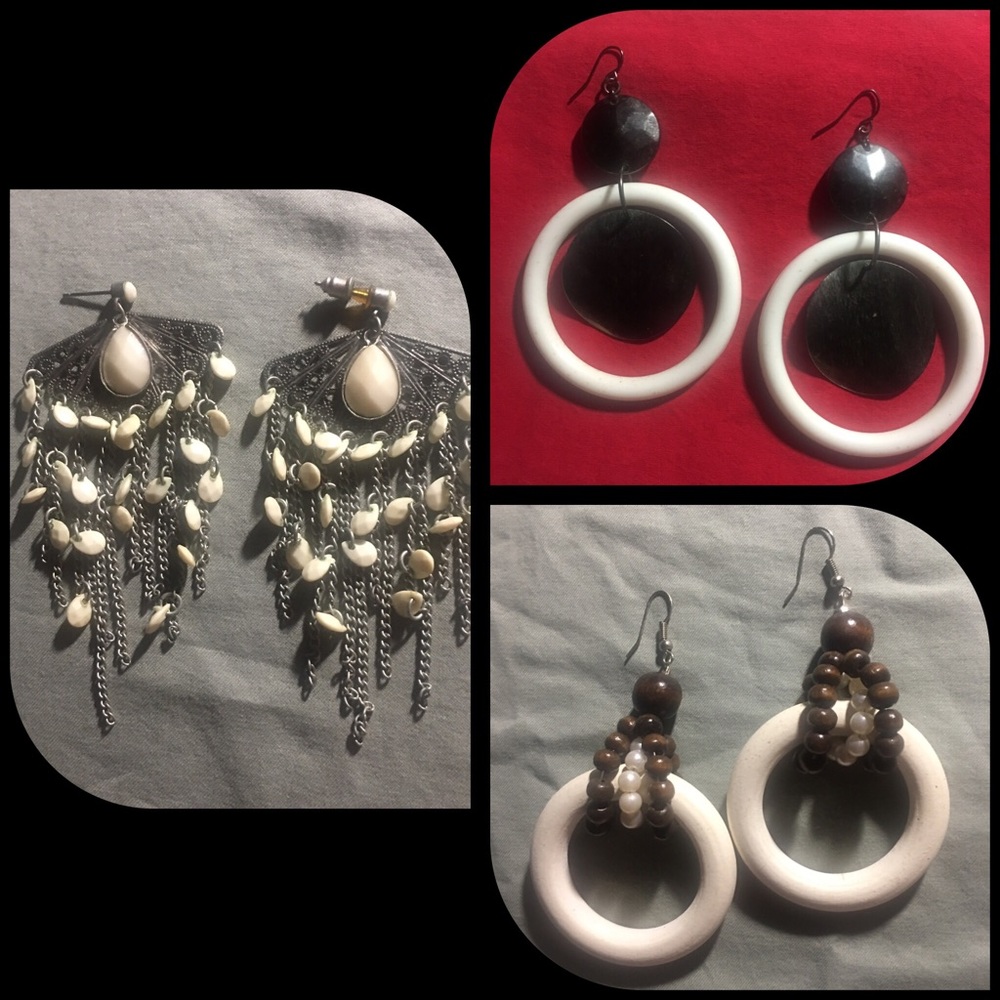Multiple Earrings..3 Dangling Pairs..Wood & Metal